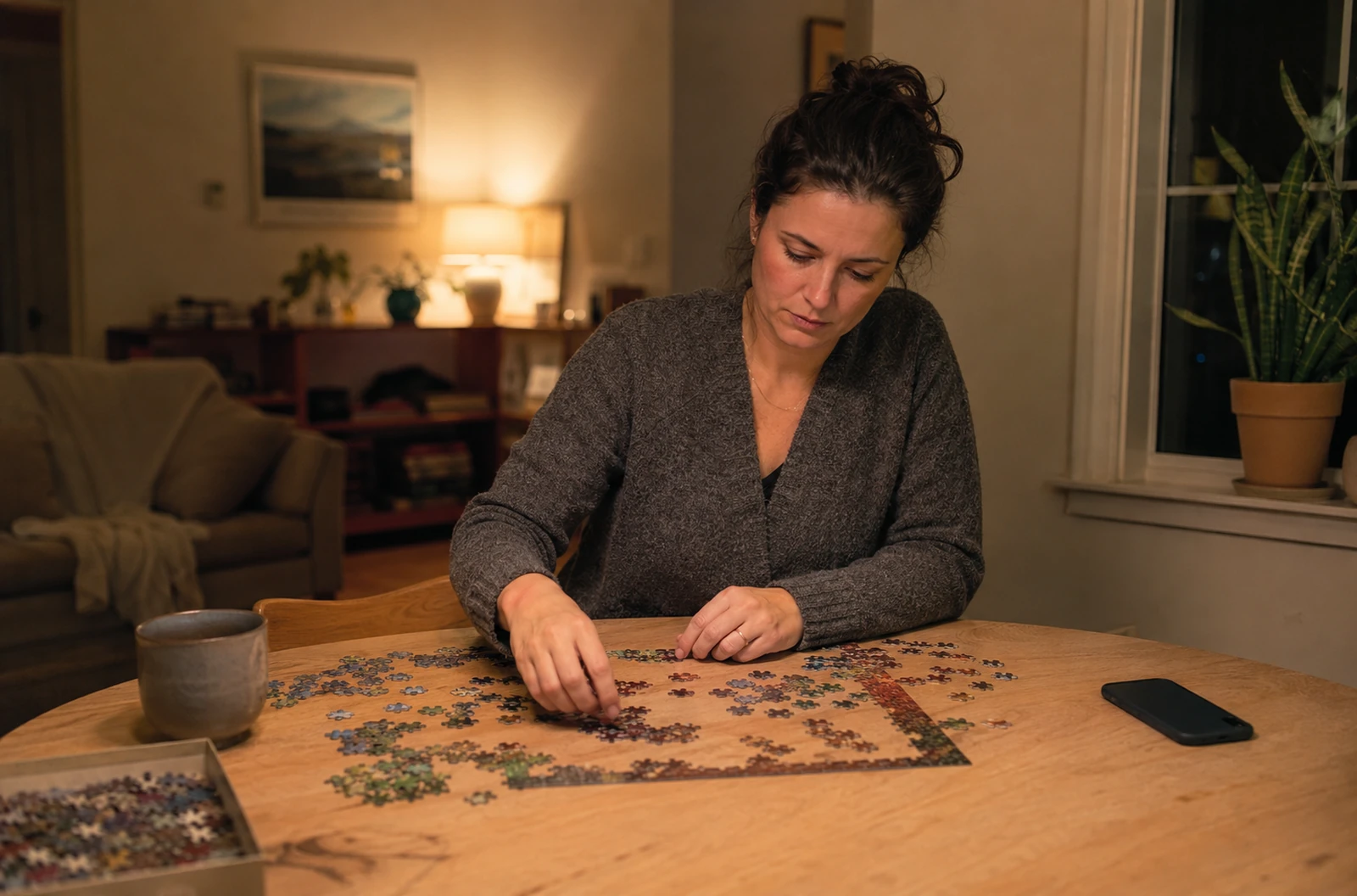 Femme profitant d’une activité calme le soir avec son téléphone posé à l’écart