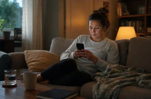 Femme absorbée par son téléphone sur un canapé en fin de journée