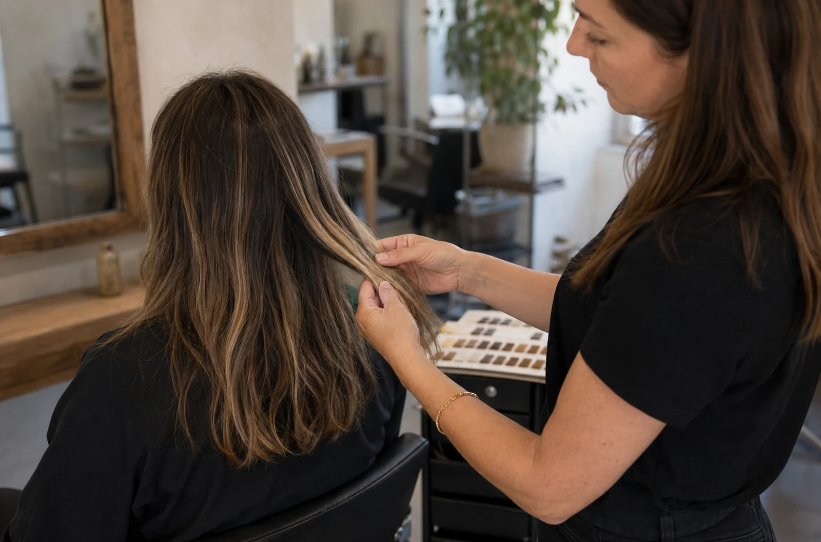Coloriste examinant des mèches blondes avant un retour vers une couleur châtain